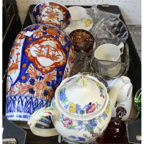 223 - An Imari design ceramic vase, 38cm high, a Masons Ironstone coffee pot and other ceramics and glass