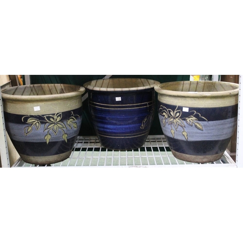 259 - Three large blue glazed ceramic garden pots