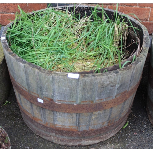 293 - A metal banded half barrel garden planter with contents