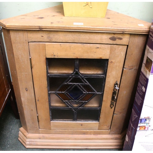 48 - An old pine wall hanging Corner Cupboard with leaded stain glass door