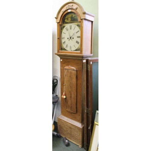 56 - A 19th century pine long-cased clock with a painted face and Roman numeral dial