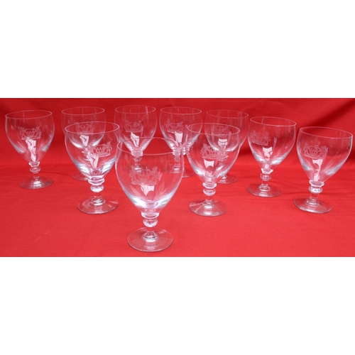 75 - A set of ten Georgian design wine goblets, each engraved with a crest