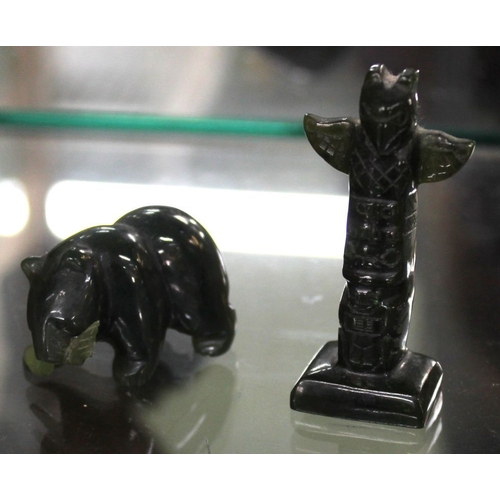 96 - Two Canadian/Inuit Jade carvings, a Totem Pole 5.5cm high and a bear with fish in its mouth 3.5cm lo... 