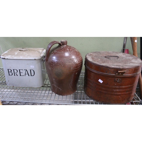 126 - A shelf full of interesting items to include a set of scales and weights, enamel Bread bin, metal ha... 