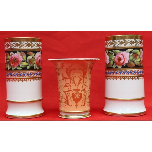 138 - A pair of 19th century Spode porcelain spill vases of cylindrical form, gilded and hand painted flor... 