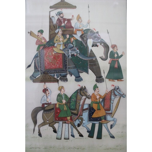 163 - An Indian painting on fabric, depicts an Elephant with Howder & outriders, framed & glazed