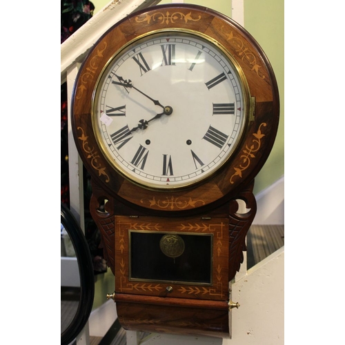 164 - A Victorian drop dial wall clock, marquetry inlaid case, 8-day movement, the dial with Roman numeral... 