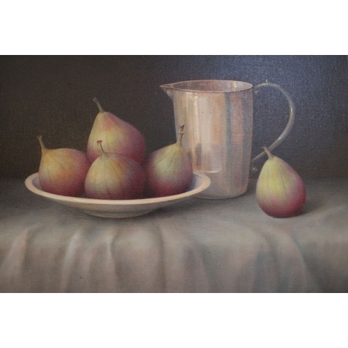 167 - Trisha Handwick (1949-2022) still life titled 'Figs, Silve & Cream', oil on canvas panel, signed, 30... 