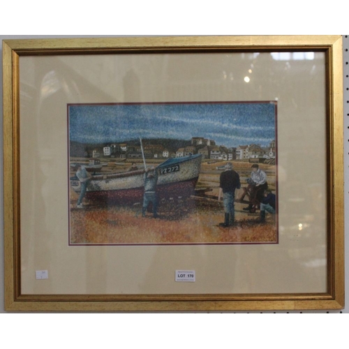 170 - A late 20th century European School beach scene, with figures & boat, monogrammed CG in gilt, glazed... 