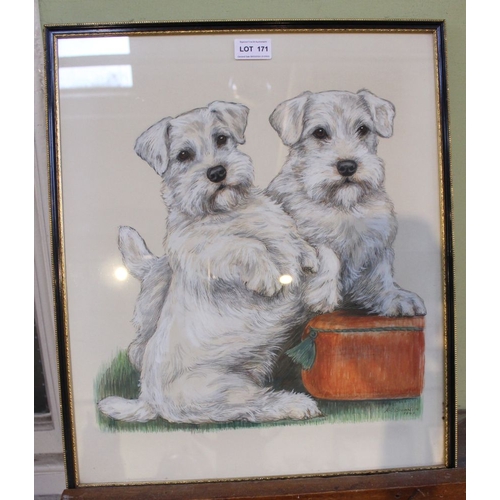 171 - Miss K C Brown, Sealyham Terriers study, ink & watercolour highlighted with white, signed & dated 19... 