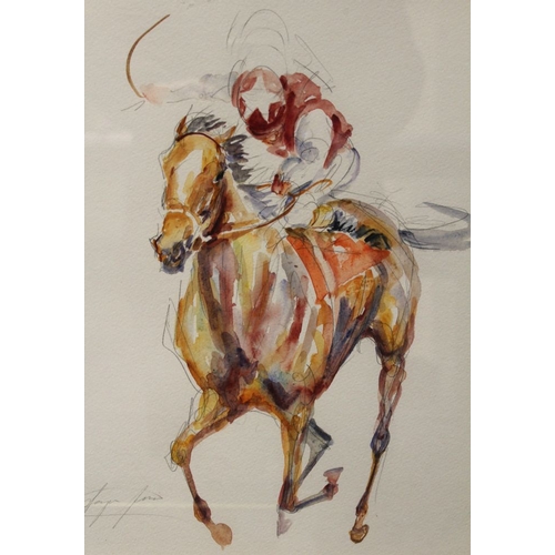 172 - Jacquie Jones (b.1961), Racing scene 'Riding a Finish', pencil & watercolour, signed, 36cm x 26c m t... 