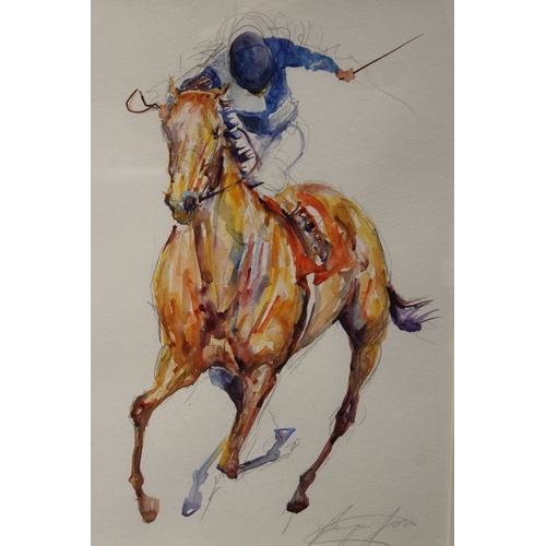 172 - Jacquie Jones (b.1961), Racing scene 'Riding a Finish', pencil & watercolour, signed, 36cm x 26c m t... 