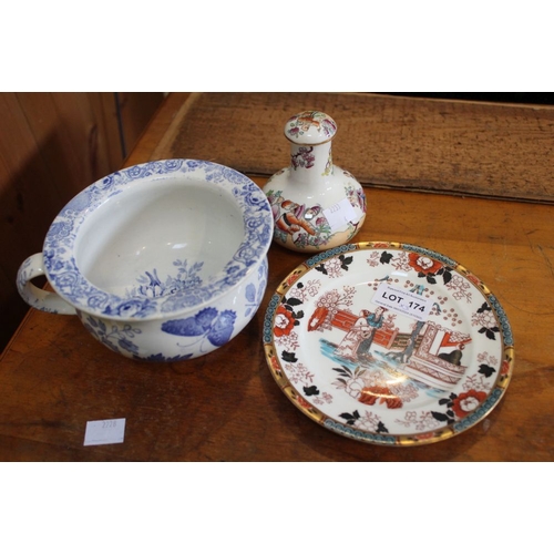 174 - A late 19th century blue & white transfer printed Child's chamber pot, together with two other ceram... 