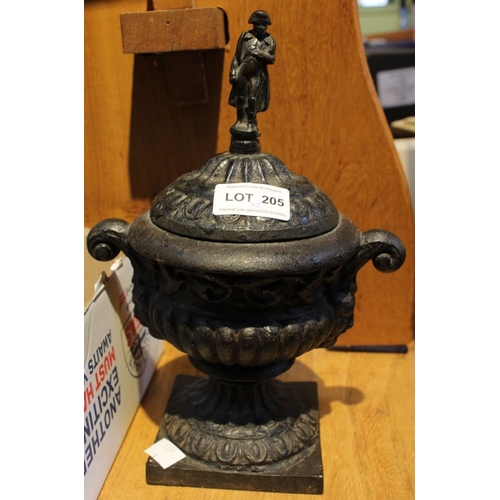 205 - A late 19th century cast iron lidded urn vase, with Napoleon handle to the lid, together with a quan... 