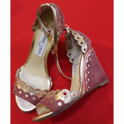 221 - A pair of Jimmy Choo wedge heel ladies shoes, Vintage Rose/Tea Rose, pierced gold leather and pink s... 