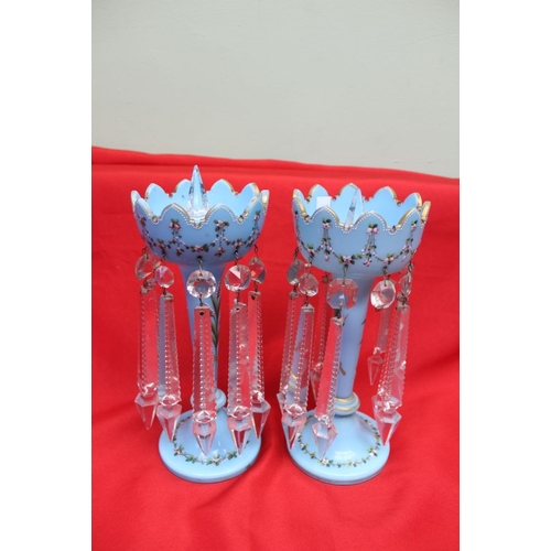 226 - A pair of Victorian blue glass lustres, painted floral swag decoration 27cm high