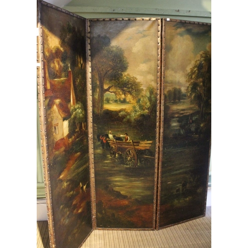 229 - A late 19th century hand painted three fold room screen, painted with 