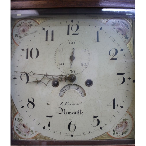 163 - T Fernival, Newcastle Grandfather clock, painted dial, 8-day movement with pendulum & weights