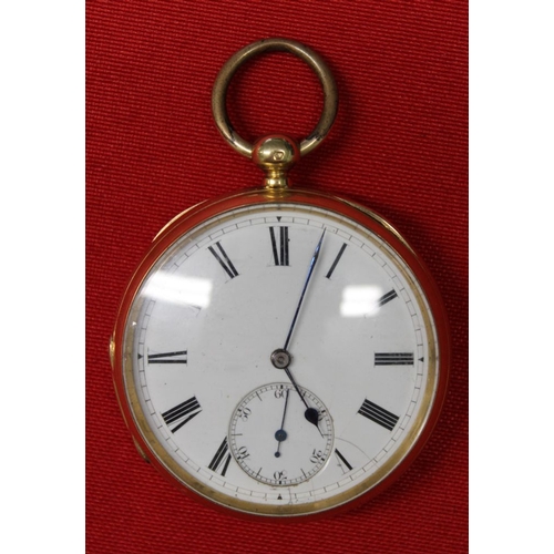 20 - An 18ct gold cased pocket watch with plain dial and subsidiary seconds. Made by R Richardson of 7 Su... 