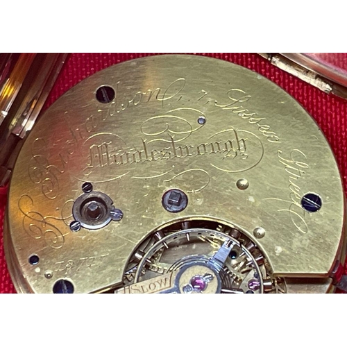 20 - An 18ct gold cased pocket watch with plain dial and subsidiary seconds. Made by R Richardson of 7 Su... 