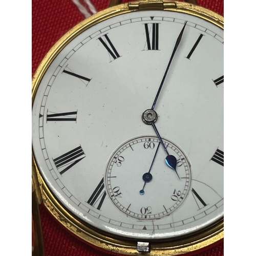 20 - An 18ct gold cased pocket watch with plain dial and subsidiary seconds. Made by R Richardson of 7 Su... 