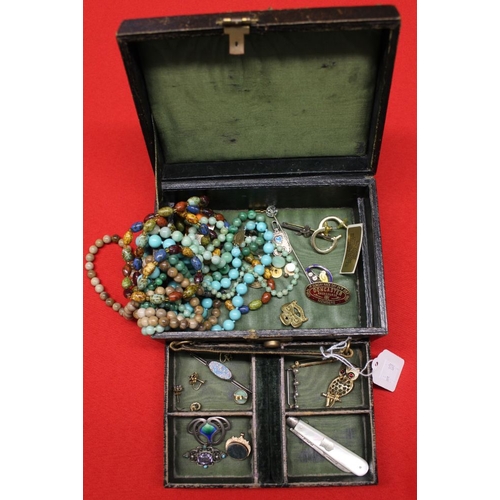 3 - A jewellery case and contents, includes silver bladed folding fruit knife, silver and enamel Art Nou... 