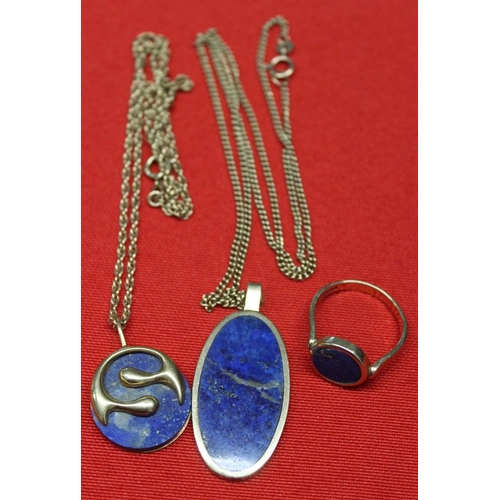 7 - Two 9ct gold chains with Lapis Lazuli pendants and a 9ct gold ring inset a Lapis panel, gross weight... 