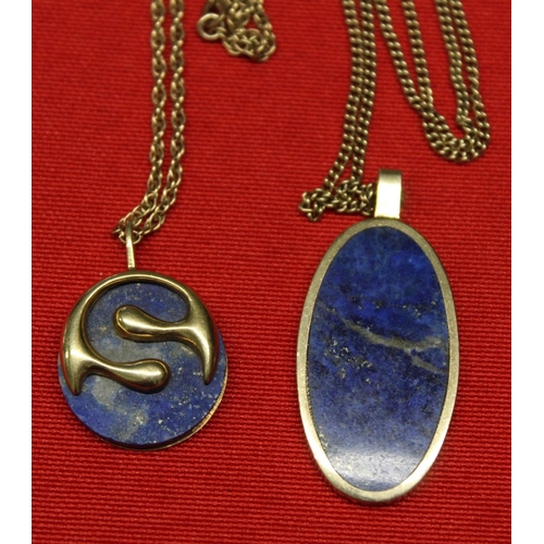 7 - Two 9ct gold chains with Lapis Lazuli pendants and a 9ct gold ring inset a Lapis panel, gross weight... 