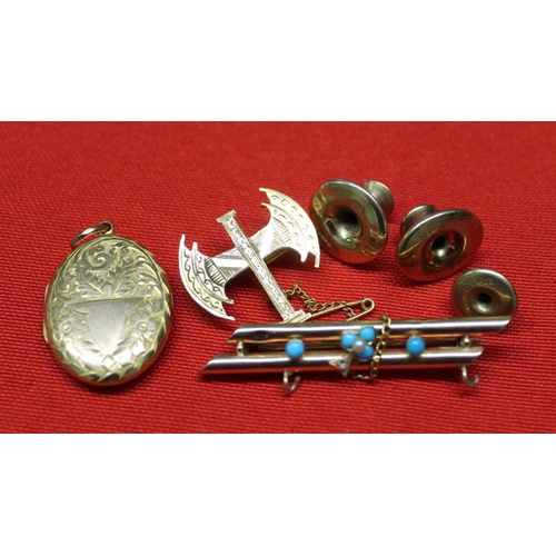 8 - Three 9ct gold studs, a 9ct gold pendant locket, bar brooch and yellow metal axe brooch, gross weigh... 