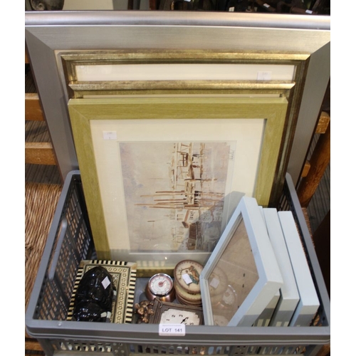 141 - A box containing signed prints, frames, decorative box etc