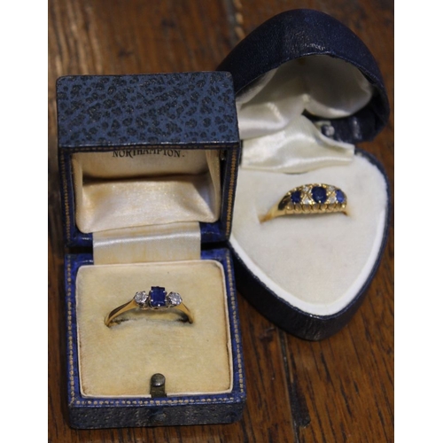 146 - A 9ct gold sapphire and diamond ring, together with a stone set yellow metal ring, both in ring boxe... 