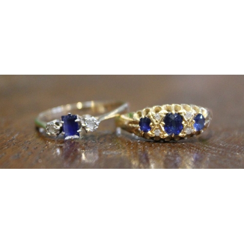 146 - A 9ct gold sapphire and diamond ring, together with a stone set yellow metal ring, both in ring boxe... 