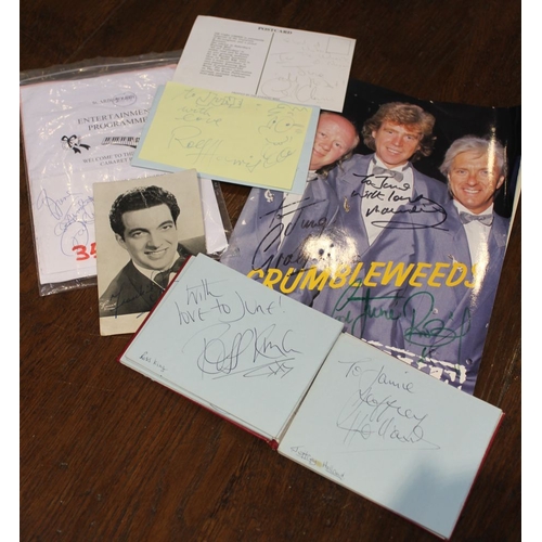 149 - A collection of autographs, includes Rolf Harris with portrait cartoon, Frankie Vaughan, The Grumble... 