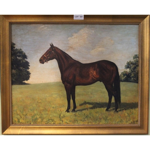 181 - A.G. De****** , A Bay hunter in a Paddock, oil on canvas board, signed indistinctly, 40cm x 50cm