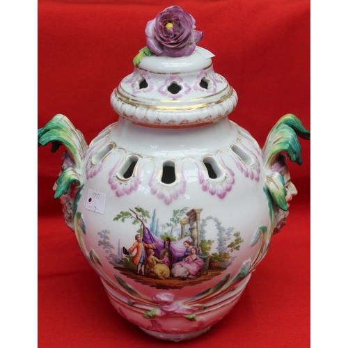 182 - A 19th century Berlin porcelain potpourri, vase form with mask handles, painted in colours with figu... 