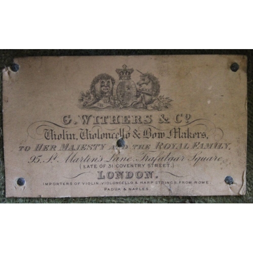 186 - A 19th century wooden cello carrying case bearing the makers label G Withers and co