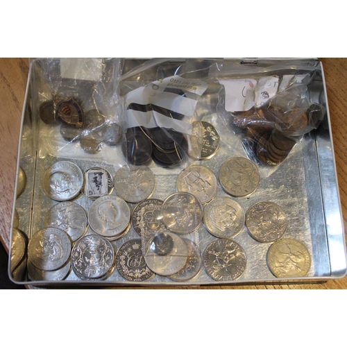 194 - A tin of 9 x 3d's 1946 & 1949, bag of old copper & some new, some crowns & a fob