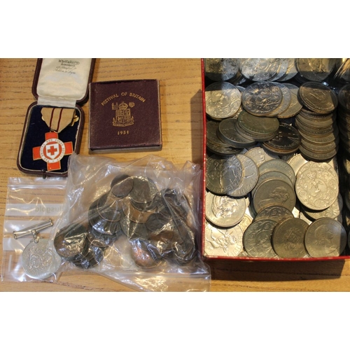 213 - A British Red Cross medal, a Defence medal, Crowns & old copper coins in an OXO tin