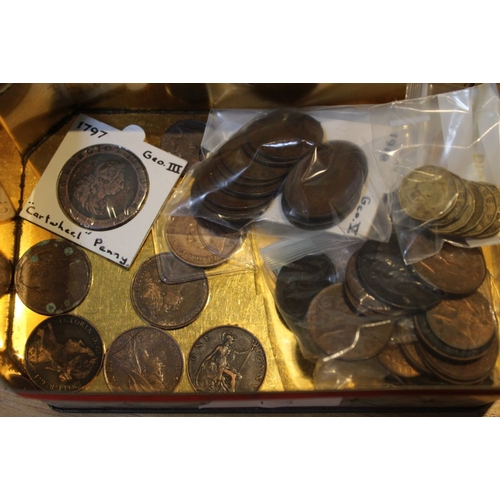 215 - An old tin containing pennies, 2 x 1864, 1797 examples, 3d coins in a bag & a bag of coppers