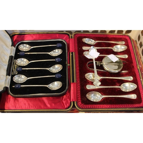 226 - A cased set of six silver coffee spoons with sugar tongs, together with a cased set of silver coffee... 