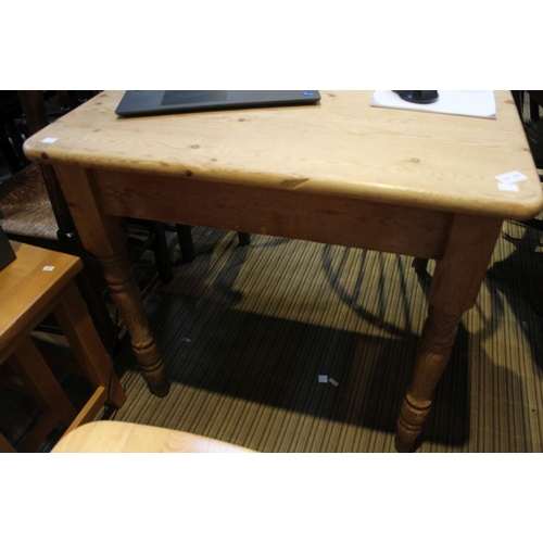 232 - An old square pine kitchen table on turned legs 84 x 79 x 77 cm