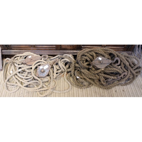 34 - Two sets of vintage rope block and tackles