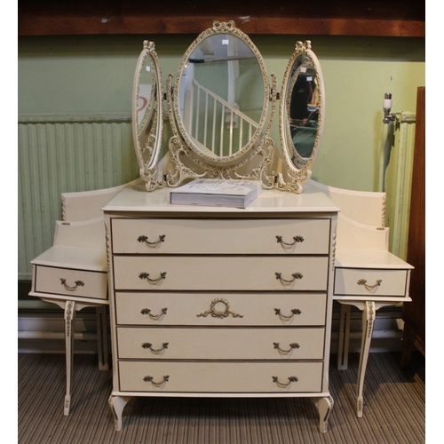 4 - A cream and gilt 20th century chest of five drawers with associated headboard and bedside tables wit... 