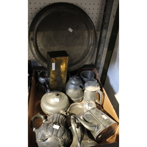 45 - A box of metal wares, pewter, etc