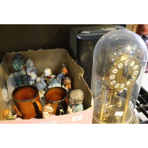 52 - A box containing a selection of ceramic figurines etc plus an anniversary clock and a vintage projec... 