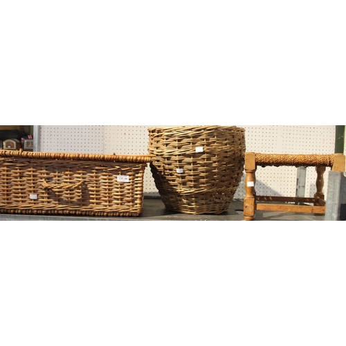 60 - A wicker picnic basket with a woven top stool and another basket