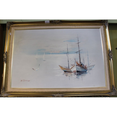 91 - Original oil on canvas of fishing trawler in gilt frame signed