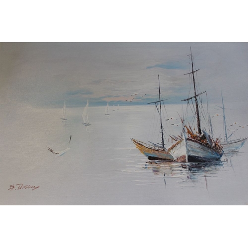 91 - Original oil on canvas of fishing trawler in gilt frame signed