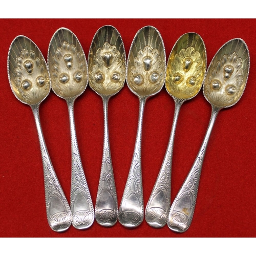 14 - Six silver Berry design tea spoons, embossed bowls, some with remains of gilding, some Edinburgh mar... 