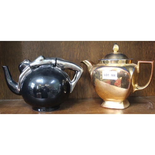 168 - An Art Deco design ceramic teapot, having silver lustre lady draped over the top, together with a gi... 